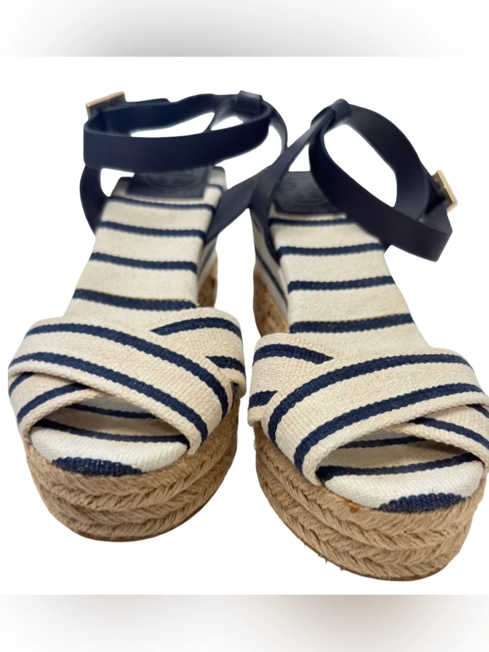 Tory Burch Karissa Navy Stripe Espadrille Ankle Strap Wedge Size 7